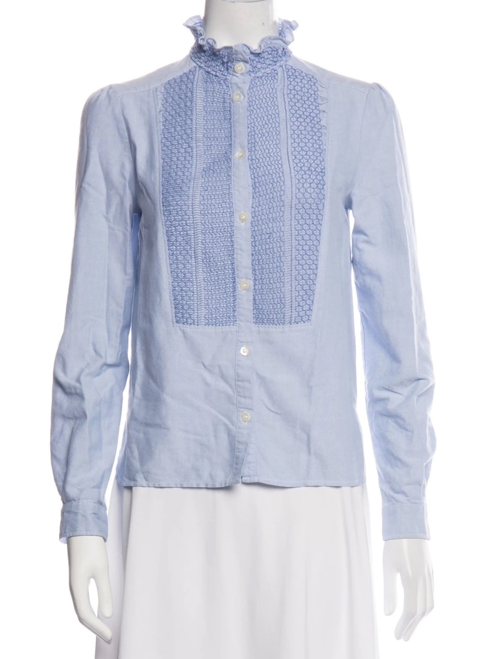 SEE BY CHLOE VICTORIAN RUFFLED COLLAR CHAMBRAY BUTTON DOWN